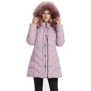 Women's Winter Faux Fur Outwear Zipper Pockets Peachy Beige Hooded Jacket Coat